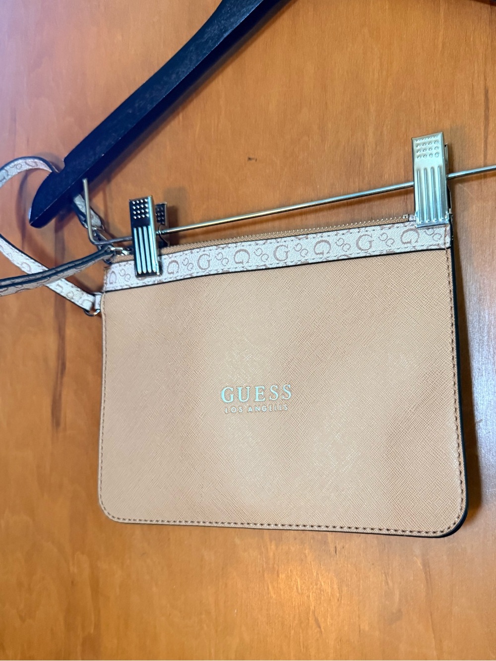GUESS Tan Monogram-Trim Pouch with Gold Zipper wristlet